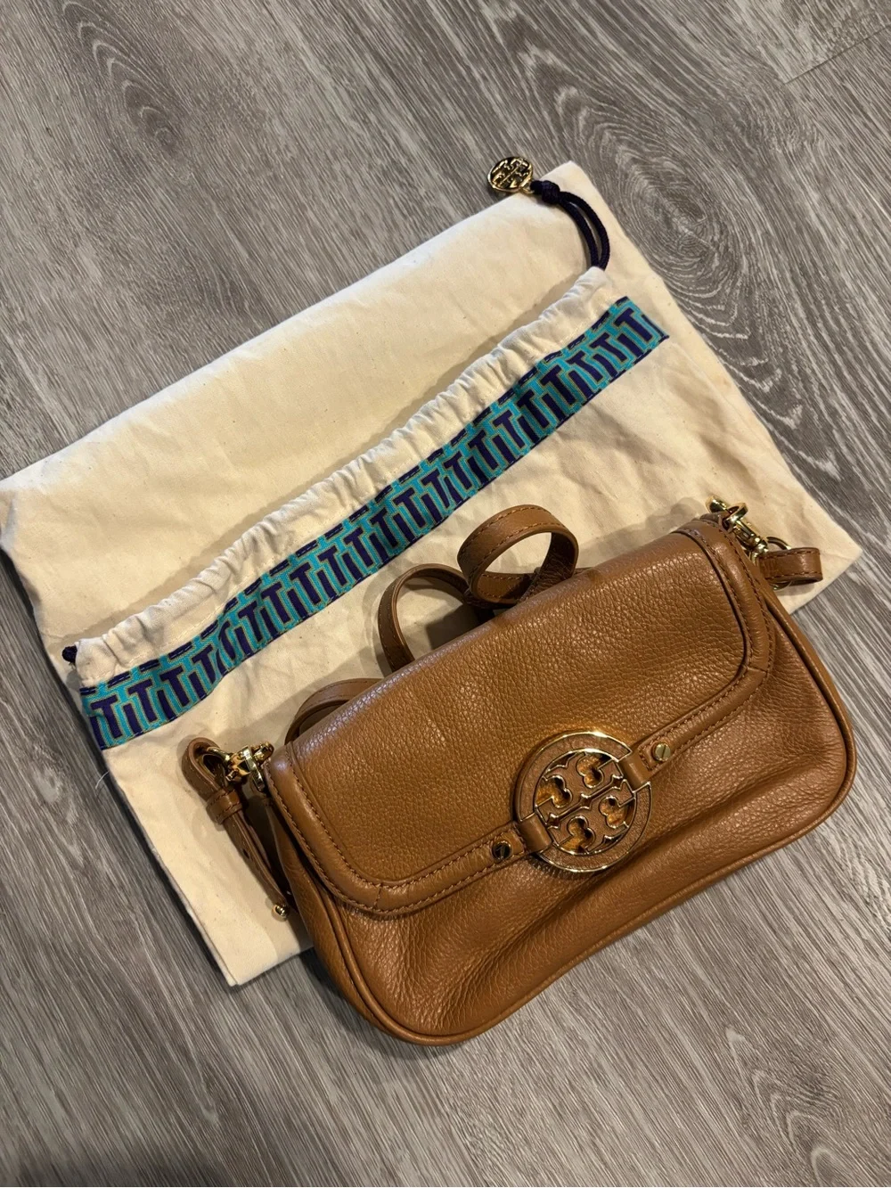 Tory Burch Tan Pebbled Leather Logo Crossbody